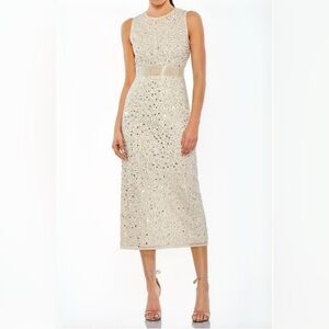 Mac Duggal Cream Beaded Sequin Midi Sheath Dress